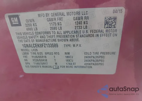 2015 Chevrolet Equinox 2Lt z USA, uszkodzony, nr VIN 1GNALCEK8FZ133589